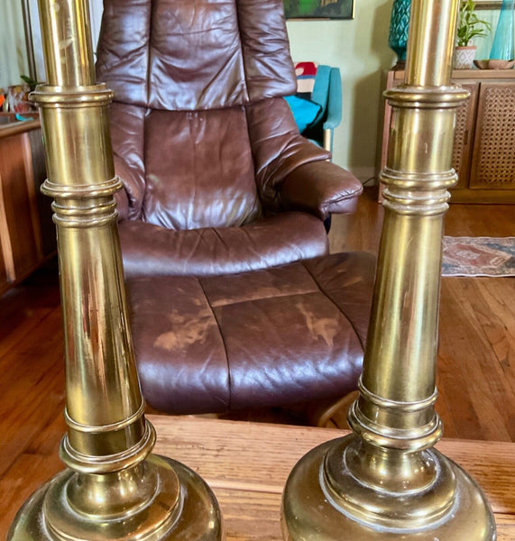 Vtg PAIR TALL Stiffel Brass Table desk Lamps Hollywood Regency mid century mcm