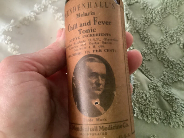 Vtg Mendenhall's Malaria Chill and Fever Tonic Amber Glass Bottle label full