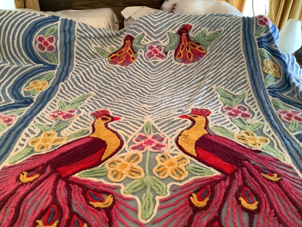 Vintage red pink Blue Peacock & Flowers  Chenille Bedspread  Flaws