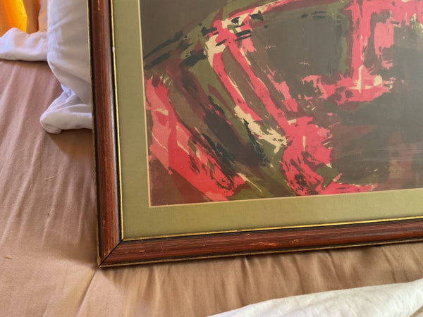 Vintage mid century  red green  Framed wood  frame Abstract Art print wall art