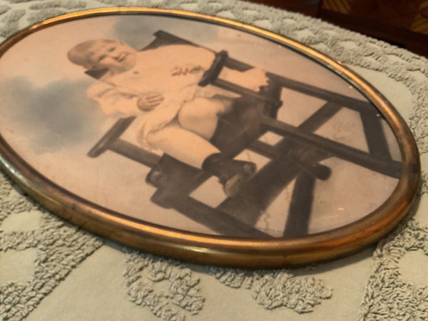 Antique Oval Brass Frame no Bubble Glass Vintage child Photo photograph