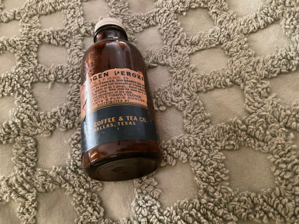 Collectible Vtg Amber Glass Apothecary Hydrogen Peroxide Partial Bottle antique
