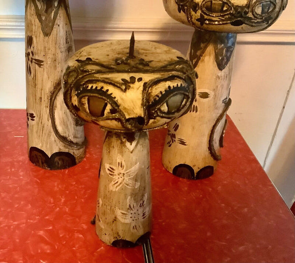 Vtg lot 3 mid century modern retro wood wooden Cat Candle holders candelabra