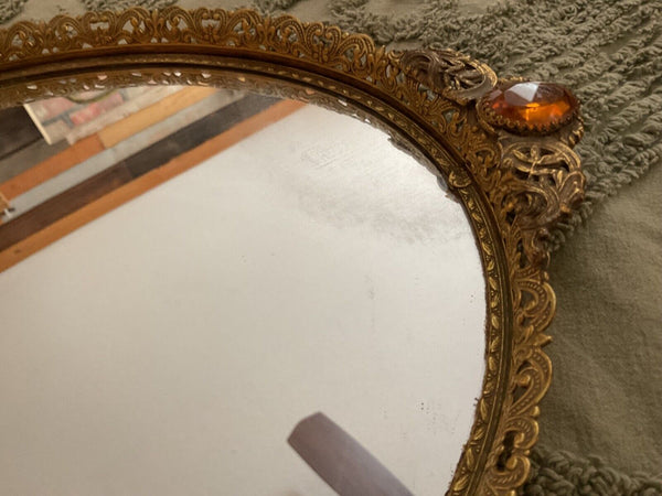 Vtg MID CENTUry FILIGREE ORMOLU VANITY PERFUME TRAY mirror regency