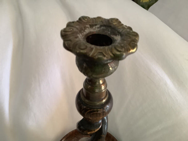 Pair  Brass oak Wood “ BARLEY TWIST” Candlesticks candle holder Vintage antique