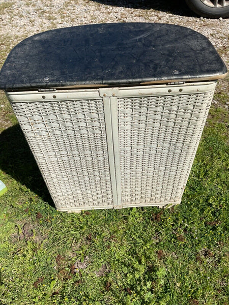 Vtg Pink Metal wicker Hamper Mid Century Hand Painted Tole Roses
