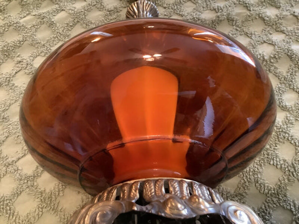 Vtg Mid Century Iridescent Amber Glass Saucer & Brass Hollywood  regency  lamp