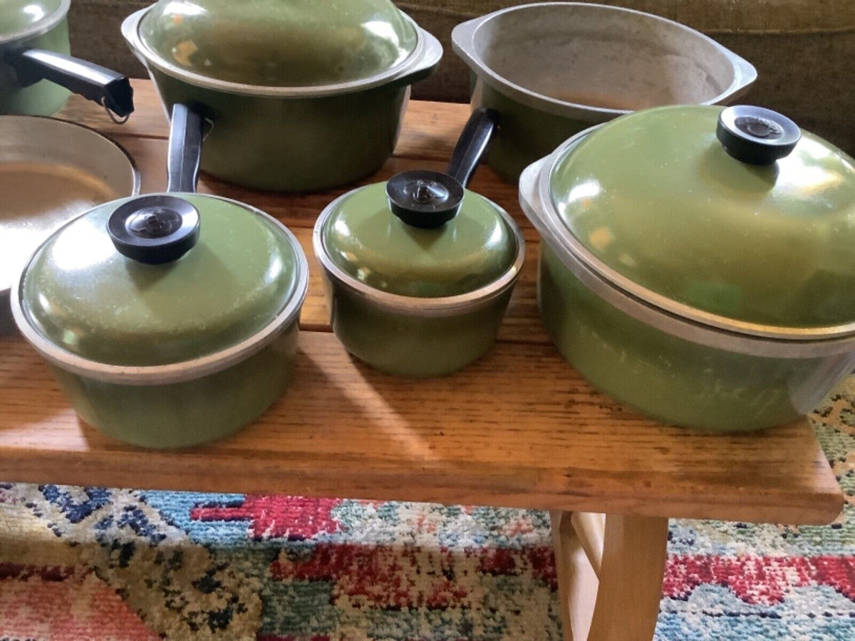 3 Wear-Ever Avocado Green Vintage Aluminum Pots Pans Cookware & Lids