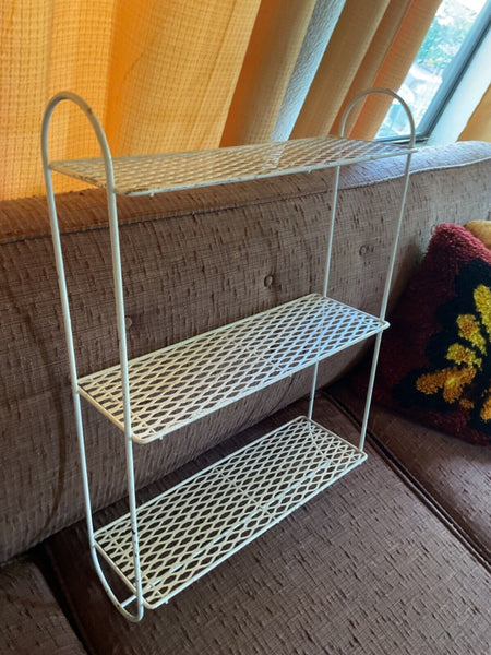 VTG Metal mesh wire 3 Tiered Wall Mid Century Modern White Shelf towel rack mcm