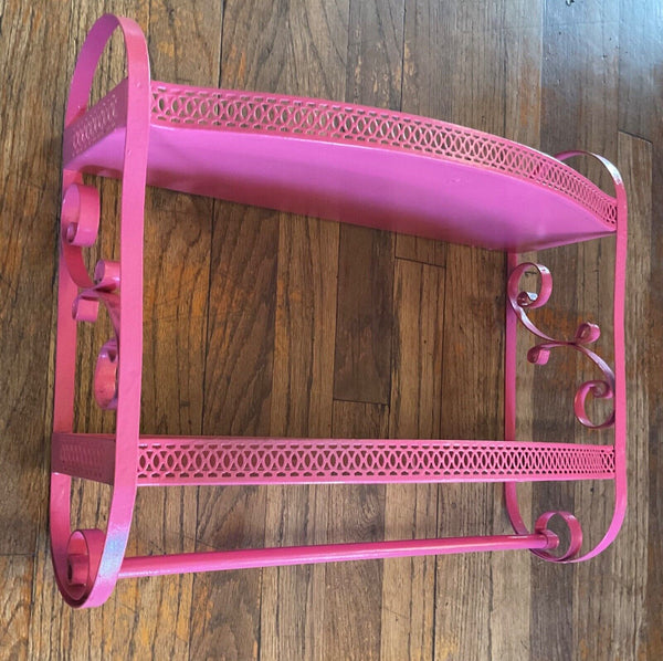 Vtg pink MCM 2 Tier Metal Wall Shelf with Towel Bar Scrolls Bathroom mid century