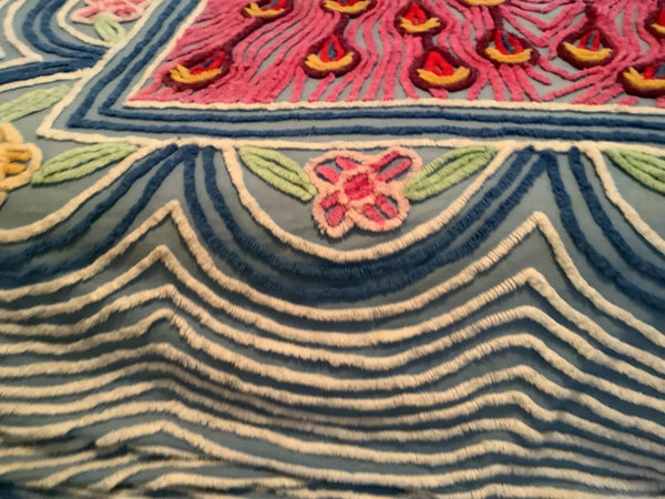 Vintage red pink Blue Peacock & Flowers  Chenille Bedspread  Flaws