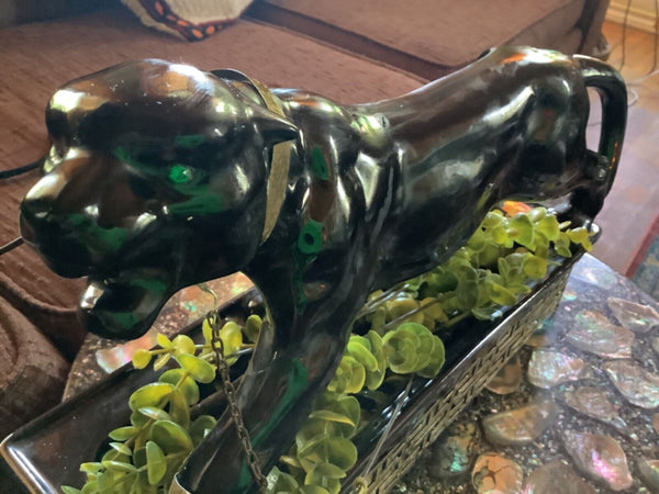 Vintage mid century mcm Black Panther cat  Green Eyes Lane TV Lamp Brass base