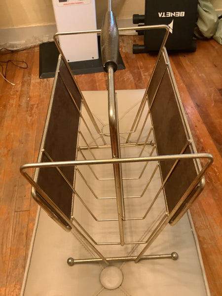 Vtg mid century mcm Atomic Magazine Rack Record Holder Gold Tone METAL wire WOOD