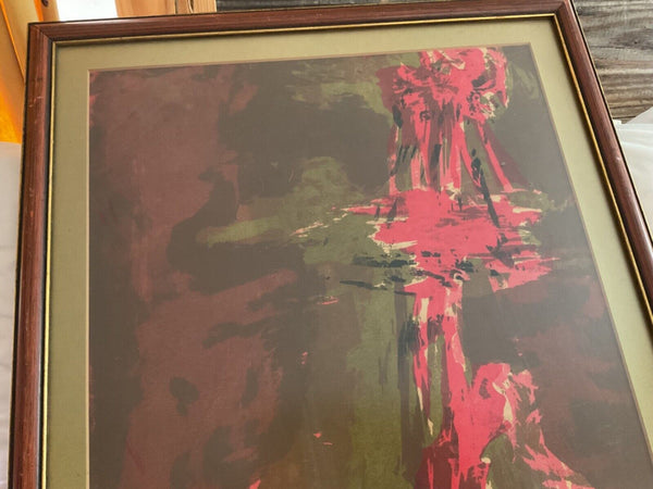 Vintage mid century  red green  Framed wood  frame Abstract Art print wall art