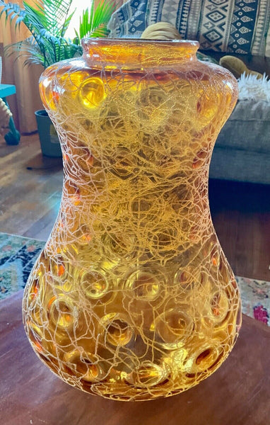Mid Century Modern Amber Thumbprint spaghetti Glass swag table Lamp Light Vtg