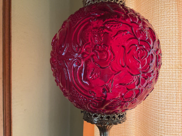 Vintage MCM Ruby Red Glass Hanging Swag Lamp mid century modern retro roses