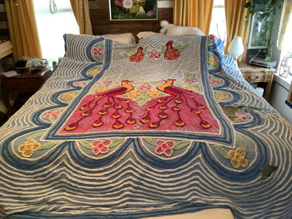 Vintage red pink Blue Peacock & Flowers  Chenille Bedspread  Flaws