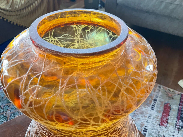 Mid Century Modern Amber Thumbprint spaghetti Glass swag table Lamp Light Vtg