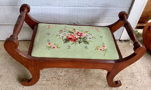 Vtg antique Walnut Needlepoint stitch Footstool Stool bench  Roses floral wood
