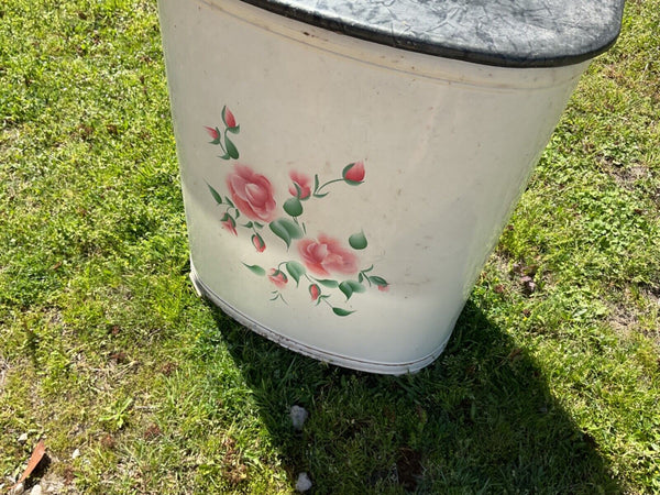 Vtg Pink Metal wicker Hamper Mid Century Hand Painted Tole Roses