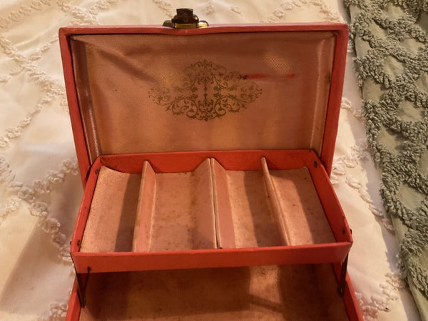Vtg  mid century Jewelry Box  chest MCM Pink With Velvet Lining Lock