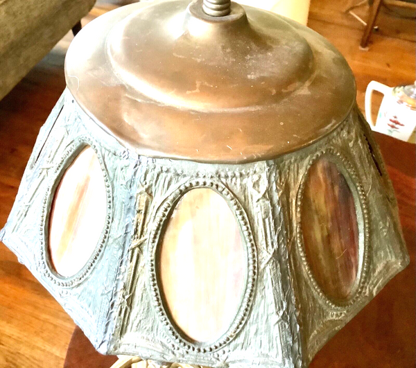Antique Vtg cast Cherubs Table boudoir Lamp Slag Glass brass Shade angels