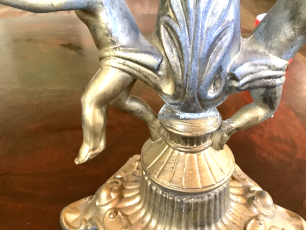 Antique Vtg cast Cherubs Table boudoir Lamp Slag Glass brass Shade angels