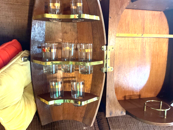 Vintage Wood Mini Whiskey Barrel Bar Cabinet Hanging Countertop Glasses Tumblers