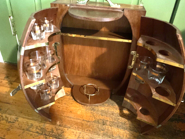 Vintage Wood Mini Whiskey Barrel Bar Cabinet Hanging Countertop Glasses Tumblers