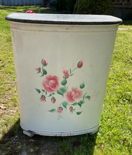 Vtg Pink Metal wicker Hamper Mid Century Hand Painted Tole Roses