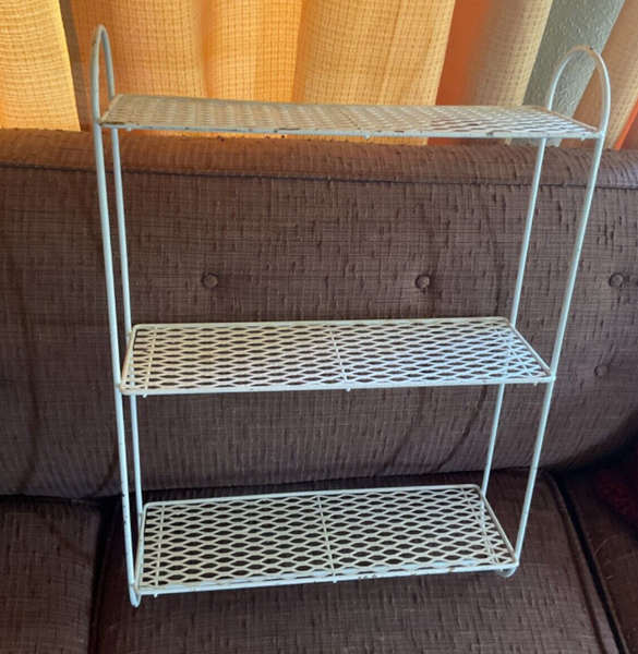 VTG Metal mesh wire 3 Tiered Wall Mid Century Modern White Shelf towel rack mcm