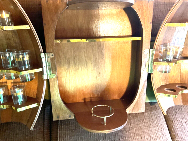 Vintage Wood Mini Whiskey Barrel Bar Cabinet Hanging Countertop Glasses Tumblers