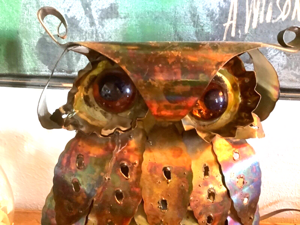 Vtg Brutalist Metal tin Owl Sculpture mid century Curtis Jere copper brass mcm