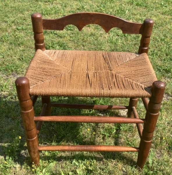 Vintage Antique Wood Colonial Shaker Woven Rush Seat Ottoman  Foot Stool