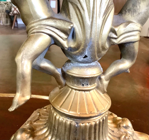 Antique Vtg cast Cherubs Table boudoir Lamp Slag Glass brass Shade angels