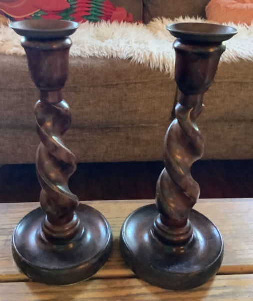Antique  vtg English Oak Wooden Barley Twist Candlestick Brass Thistle Holders 2