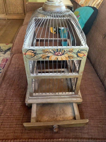 Vintage Bird Cage  birdcage wedding Hand Painted Flowers Wood Wire tray