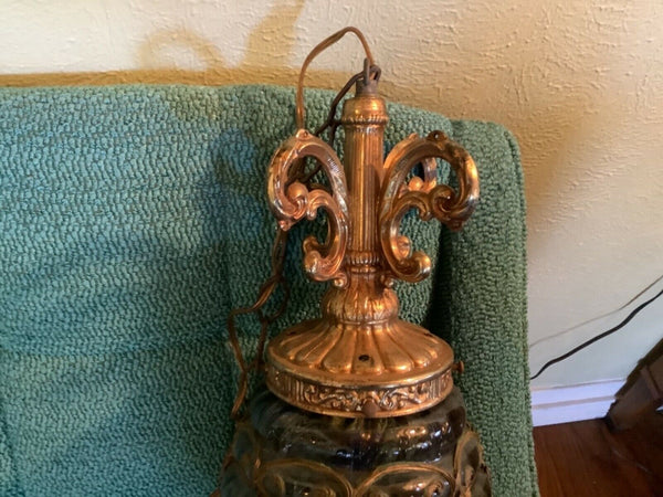 Vintage Smokey glass swag light hanging pendant lamp gothic mid century Modern