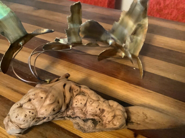 Vtg MId Century Brass tin Seagull Wire Sculpture on driftwood wood Base