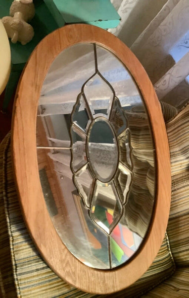 Vtg Venetian Leaded ornate Beveled Mirror oak frame framed Art Deco antique