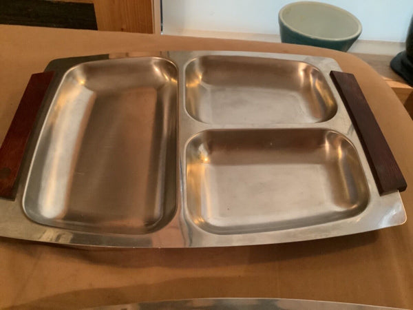 Vtg pair stainless Steel Divided Tray  Wood Handles 18/8  rostfrei stainless