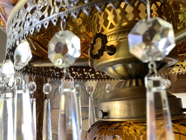 Vtg light fixture antique brass Amber grape glass shade GWTW hurricane Globe