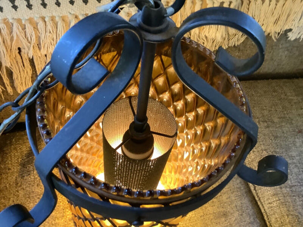 Vtg Mid Century modern gothic  Retro Hanging Swag Light Lamp amber Glass