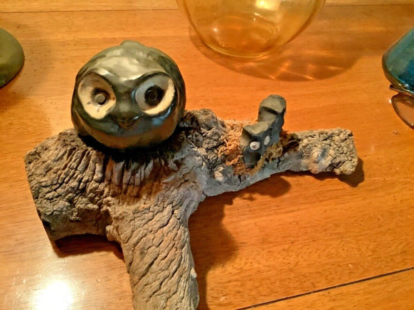 Vtg wood Owls Bird on branch tree sculpture art signed Lr mid century modern