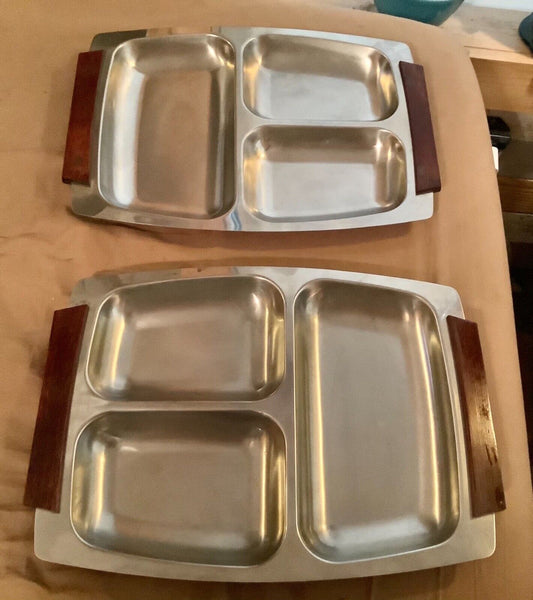 Vtg pair stainless Steel Divided Tray  Wood Handles 18/8  rostfrei stainless