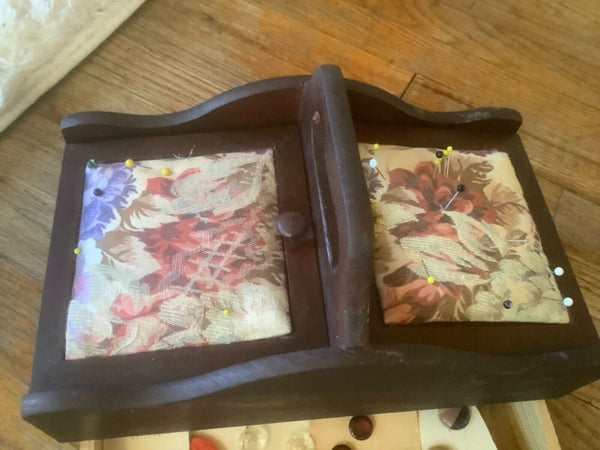 Vtg Wood Sewing Box chest Pin Cushion Fabric Top full  buttons drawer