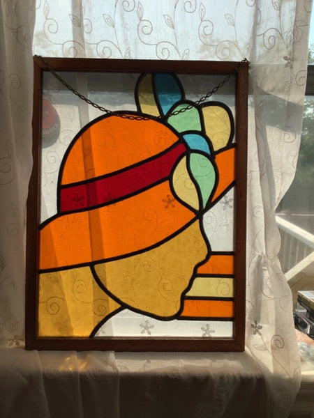 Vtg  STAINED Leaded GLASS WOOD FRAME framed WINDOW sun catcher lady woman