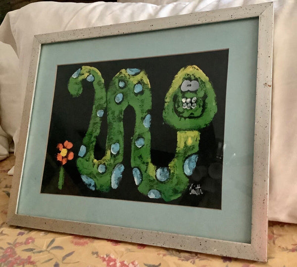 Vtg  Mid Century  modern signed framed print snake caterpillar