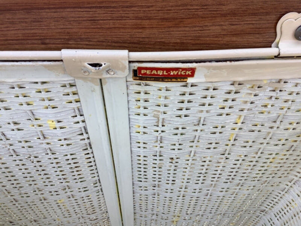 Vtg Mid Century Bathroom Laundry CLOTHES HAMPER White Wicker Pearl-Wick MCM