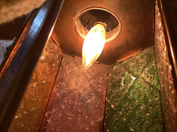 Vtg metal Brass Mcm Light Fixture lamp swag stained glass lantern patio